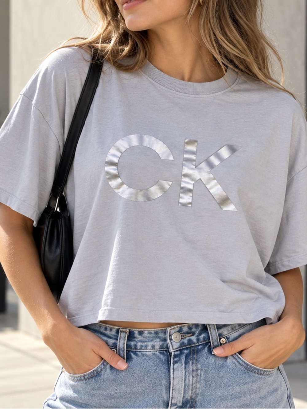 Calvin Klein Performance XL Metallic Silver CK Logo Cropped Boxy Tee Gray